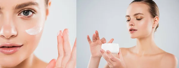 Collage de mujer bonita sosteniendo contenedor mientras se aplica crema facial aislado en gris - foto de stock