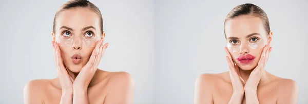 Collage of surprised woman touching face and eye patches isolated on grey — Stock Photo