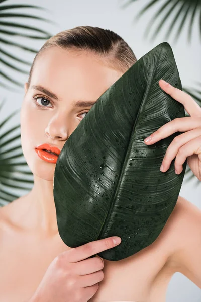 Nackte Frau mit Make-up, die in die Kamera schaut und ihr Gesicht mit grünem Blatt auf weißem Hintergrund bedeckt — Stockfoto
