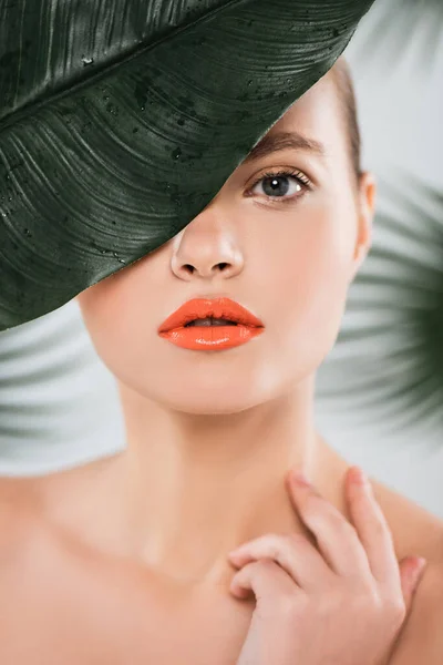 Menina atraente com maquiagem olhando para a câmera perto de folha verde e molhada no branco — Fotografia de Stock