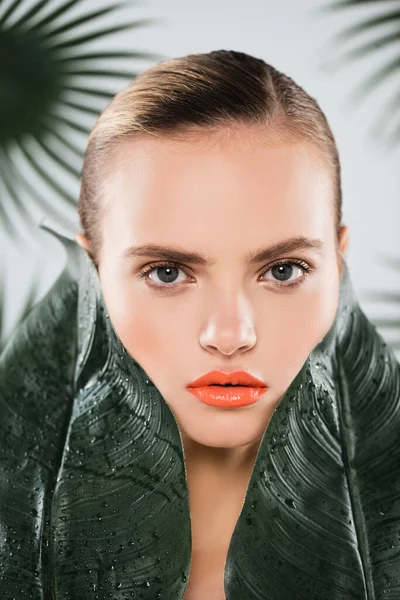 Hermosa chica con maquillaje mirando a la cámara cerca de hojas verdes y húmedas en blanco — Stock Photo