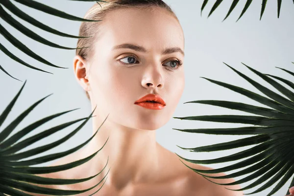 Mulher atraente e nua perto de folhas de palma verde no branco — Fotografia de Stock