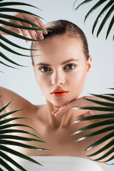 Attractive woman touching face near palm leaves on white — Stock Photo