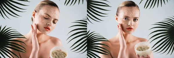 Collage of naked woman applying scrub and holding container near palm leaves on white — Stock Photo