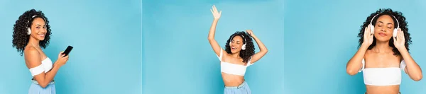 Collage de chica afroamericana feliz sosteniendo smartphone con pantalla en blanco y escuchando música en azul - foto de stock