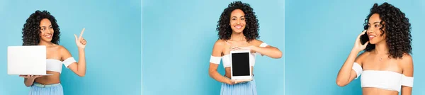 Collage of happy african american woman holding laptop and digital tablet with blank screen while talking on smartphone on blue — Stock Photo