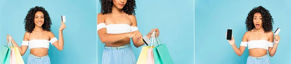 Collage emotionaler afrikanisch-amerikanischer Frau mit Kreditkarten, Smartphone und Einkaufstaschen isoliert auf blauem Grund — Stockfoto