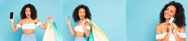 Colagem de encaracolado Africano americano mulher segurando cartões de crédito e sacos de compras em azul — Stock Photo