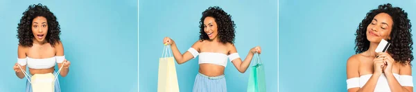 Colagem de mulher americana africana feliz segurando sacos de compras e cartão de crédito isolado em azul — Fotografia de Stock