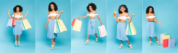 Colagem de menina feliz afro-americana ouvir música, segurando coquetel e apontando com as mãos para sacos de compras em azul — Fotografia de Stock