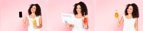 Collage of cheerful african american girl holding cocktails, smartphone with blank screen and travel newspaper on pink — Stock Photo