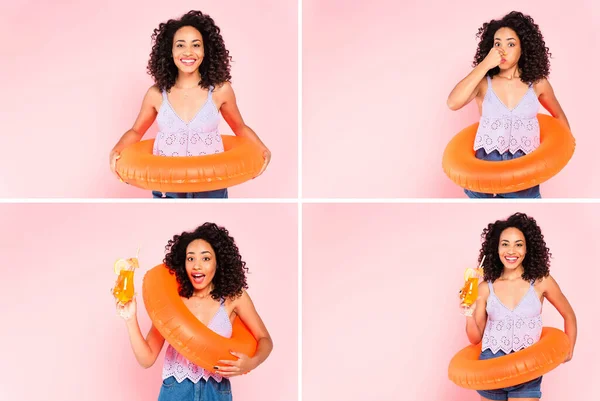Collage of smiling african american woman standing with swim ring, holding cocktails and touching nose on pink — Stock Photo