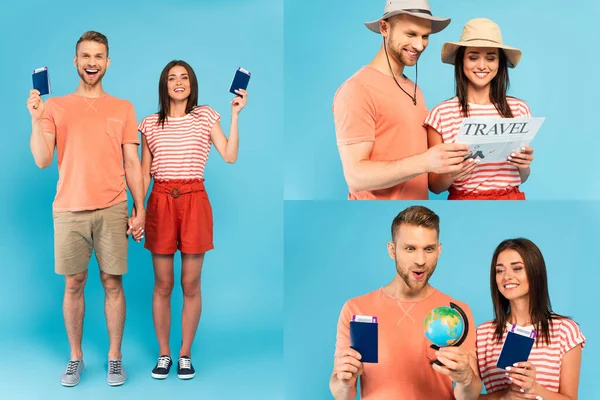 Collage von glücklichen Paaren in Hüten mit Pässen, die Reisezeitung lesen und die Weltkugel auf blauem Grund betrachten — Stockfoto