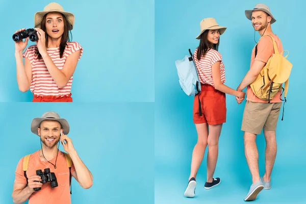 Коллаж пары в шляпах, держащихся за руки, удивленная женщина с биноклем и мужчина разговаривающий по смартфону на голубом — стоковое фото
