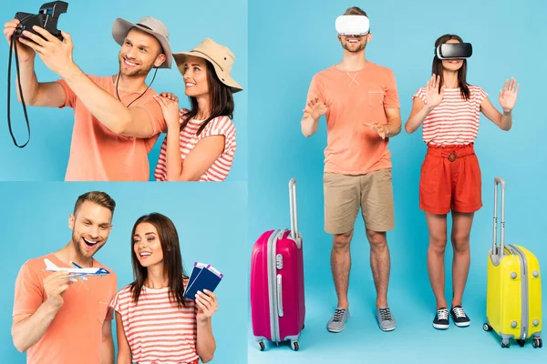 Collage of happy couple taking selfie on vintage camera looking at toy plane and using vrs near luggage on blue — Stock Photo