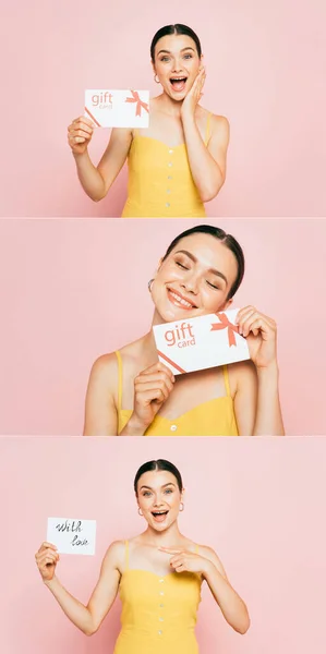 Collage aufgeregter brünetter junger Frau mit Geschenkkarte in rosa — Stockfoto