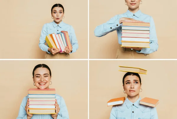 Collage eines Studenten im Jeanshemd mit Büchern auf Beige — Stockfoto