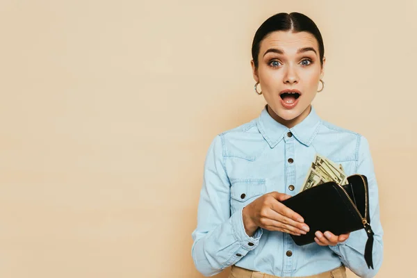 Mujer morena impactada en camisa de mezclilla sosteniendo billetera con dólares aislados en beige - foto de stock