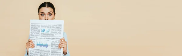 Femme brune choquée en chemise denim avec journal d'affaires devant le visage isolé sur beige, panoramique — Photo de stock