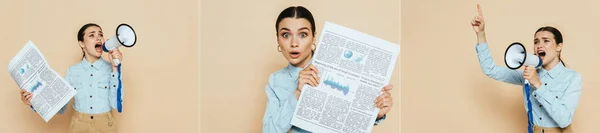 Mulher morena em camisa jeans com jornal de negócios e megafone isolado em bege, tiro panorâmico — Fotografia de Stock