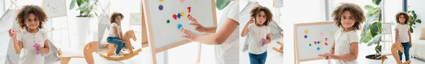 Collage of curly african american kid blowing soap bubbles, touching magnetic easel and sitting on rocking horse — Stock Photo