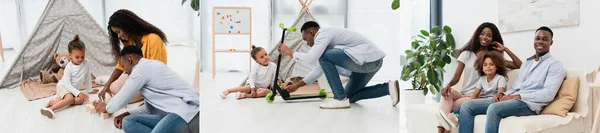 Collage de la familia afroamericana sentado en el sofá, padre sosteniendo scooter cerca de hijo y tocando cubos de madera en el suelo - foto de stock