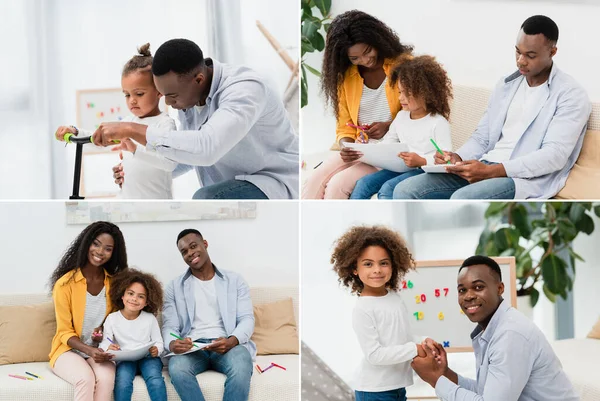 Colagem de família afro-americana sentado no sofá, pai e filho tocando scooter, pai e filha de mãos dadas em casa — Fotografia de Stock