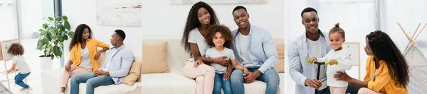 Collage de parents afro-américains touchant enfant en scooter et assis sur le canapé à la maison — Stock Photo