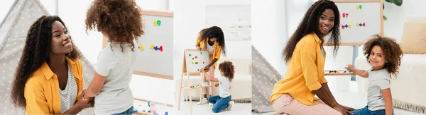 Collage of african american mother and daughter holding hands and touching magnets on whiteboard — Stock Photo