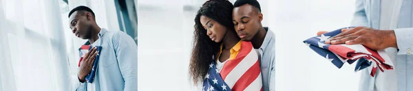 Collage eines afrikanisch-amerikanischen Mannes, der eine amerikanische Flagge hält und eine brünette Frau umarmt — Stockfoto