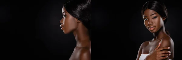 Collage of african american naked woman isolated on black, panoramic shot — Stock Photo