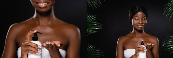 Collage di donna afroamericana applicare lozione corpo vicino foglie di palma verde isolato su nero — Foto stock