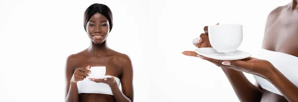 Колаж афроамериканської жінки з чашкою кави ізольовано на білому, панорамний постріл — стокове фото