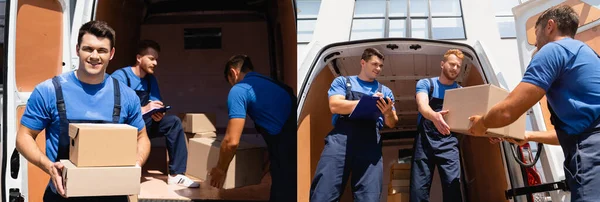 Collage of movers in overalls writing on clipboard and unloading truck on urban street — Stock Photo