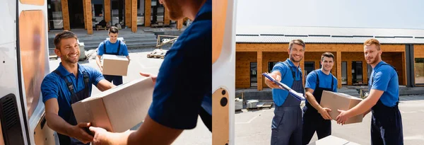 Collage of movers holding cardboard boxes and clipboard near truck on urban street — Stock Photo