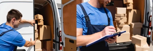 Collage de la escritura del cargador en el portapapeles y el colega cerrando la puerta del camión al aire libre - foto de stock