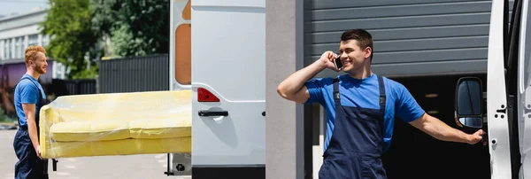 Collage de chargeuses tenant un canapé et parlant sur smartphone près d'un camion dans une rue urbaine — Photo de stock