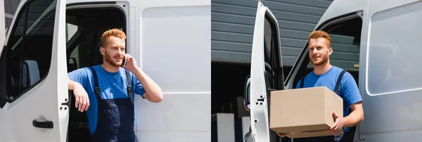 Colagem de carregador falando no smartphone e segurando caixa de papelão perto do caminhão ao ar livre — Fotografia de Stock