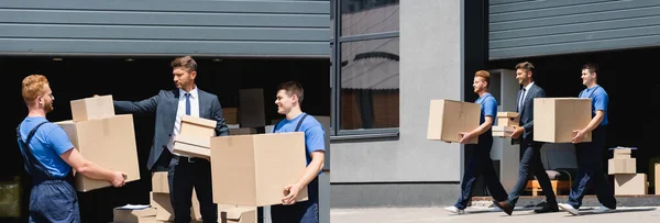 Коллаж человека в костюме и грузчики в форме держат картонные коробки возле склада на городской улице — стоковое фото