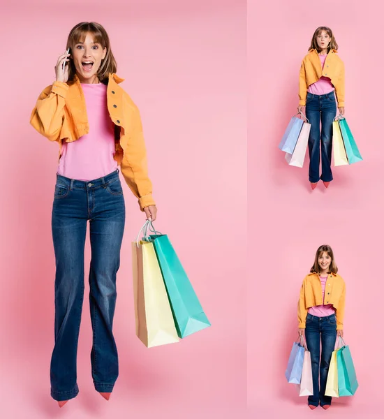 Colagem de jovem falando no smartphone e pulando enquanto segurava sacos de compras no fundo rosa — Fotografia de Stock
