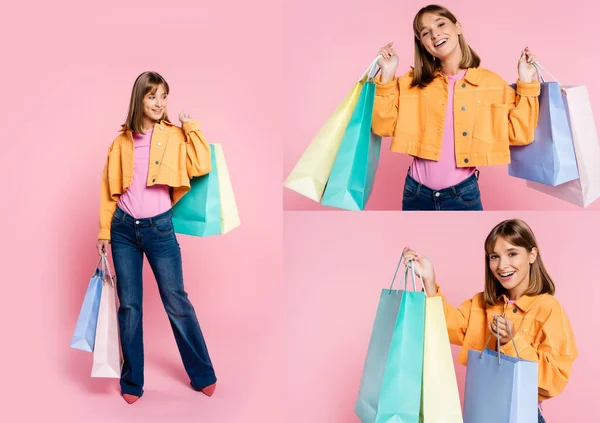 Collage de mujer sosteniendo bolsas de compras y mirando a la cámara sobre fondo rosa - foto de stock