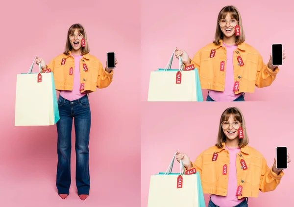 Коллаж женщины с надписью продажи на ценниках держа сумки и смартфон с чистым экраном на розовом фоне — стоковое фото