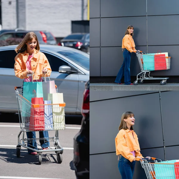 Колаж молодої жінки тримає візок з сумками на міській вулиці — стокове фото