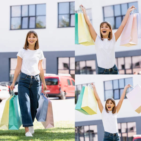 Collage de mujer excitada en camiseta blanca sosteniendo bolsas de compras en la calle urbana - foto de stock