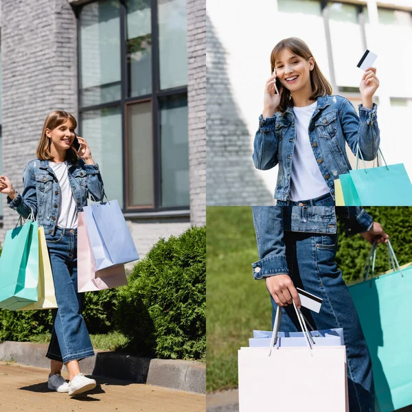 Collage einer jungen Frau mit Einkaufstaschen, die Kreditkarte in der Hand hält und auf der Straße mit dem Smartphone spricht — Stockfoto