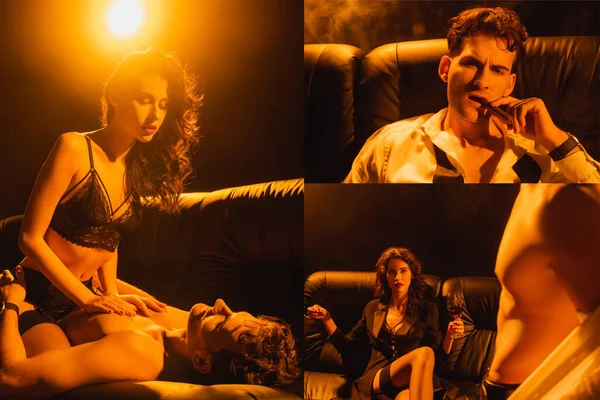 Collage of woman touching boyfriend on sofa, man smoking cigar on black — Stock Photo