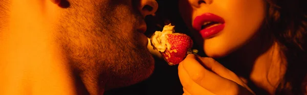 Récolte panoramique de femme avec lèvres rouges nourrir l'homme avec fraise fraîche — Photo de stock