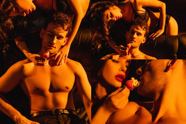 Collage de femme sexy en soutien-gorge alimentation homme torse nu avec crème fouettée sur fraise fraîche — Photo de stock