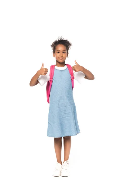 Colegial afroamericano mostrando pulgares arriba aislado en blanco — Stock Photo