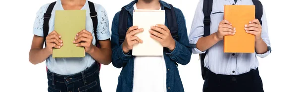 Cultura panorâmica de meninos de escola e estudante segurando livros isolados em branco — Fotografia de Stock